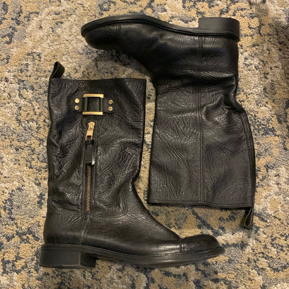 Tory Burch Stowe Black Leather Motorcycle Riding Boots